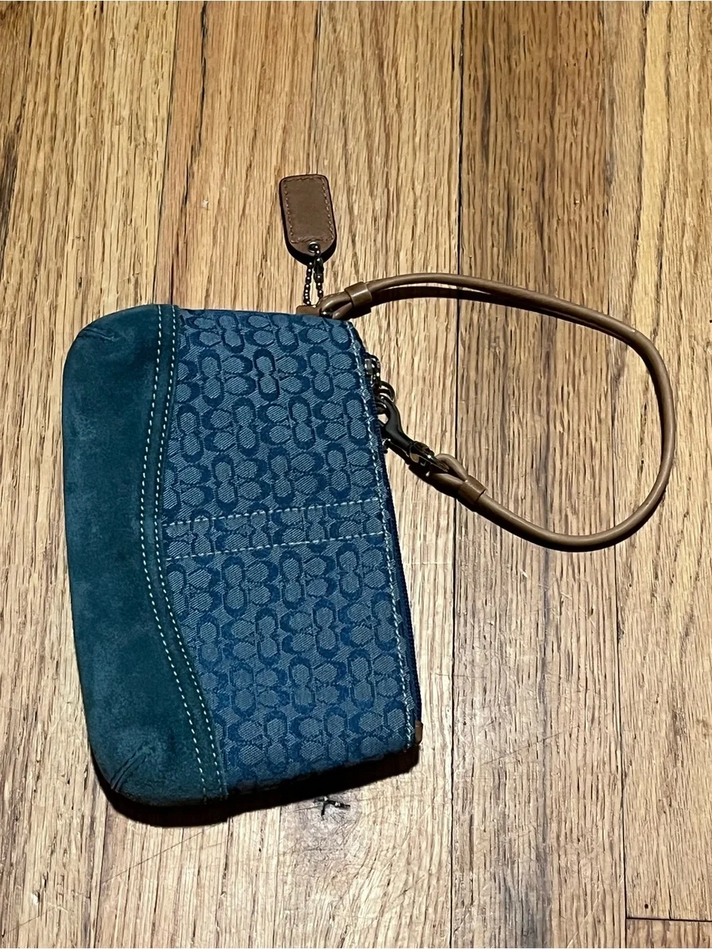 Vintage Coach Y2K Blue Denim Canvas & Suede Demi Wristlet